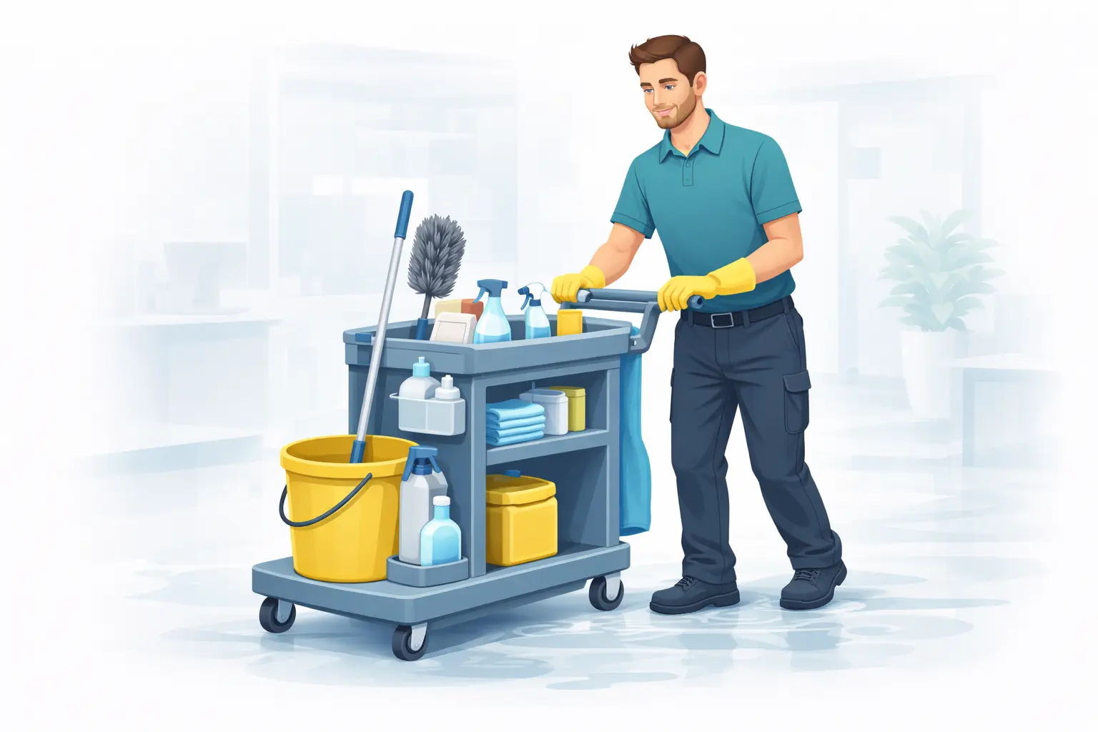 Illustration entretien régulier et chariot de nettoyage